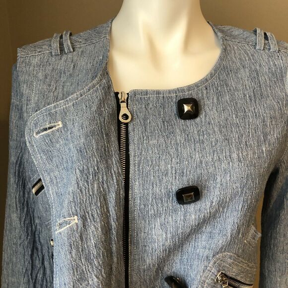 Bensoni Linen Jacket 0 Moto / Biker Cropped Light Blue Pockets Lined - Picture 4 of 12